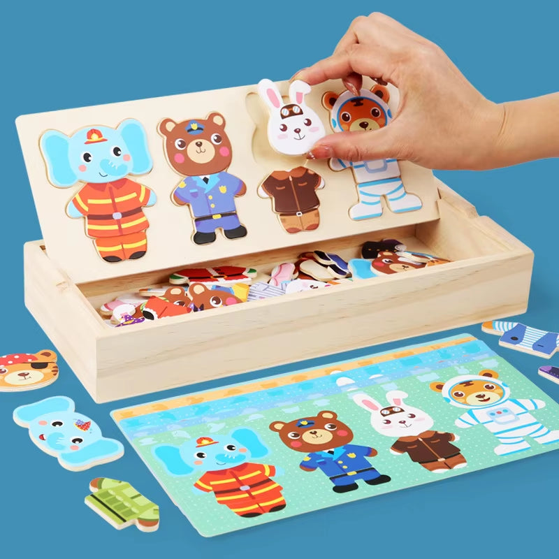 Little Bear Change Clothes Children'S Early Education Wooden Jigsaw Puzzle Dressing Game Baby Puzzle Toys for Children Gift