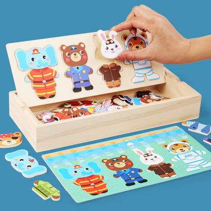 Little Bear Change Clothes Children'S Early Education Wooden Jigsaw Puzzle Dressing Game Baby Puzzle Toys for Children Gift